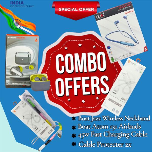 Boat Combo Offer – Jazz Wireless Neckband + Atom 131 Earbuds + 45W Fast Charging Cable + 2x Cable Protectors | Independence Day Special
